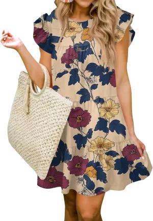 Women Babydoll Summer Casual Crew Neck Ruffle Sleeve Sleeveless Flowy Mini Short Tunic Dress Floral Print Pleated Dress3-Khaki,Medium