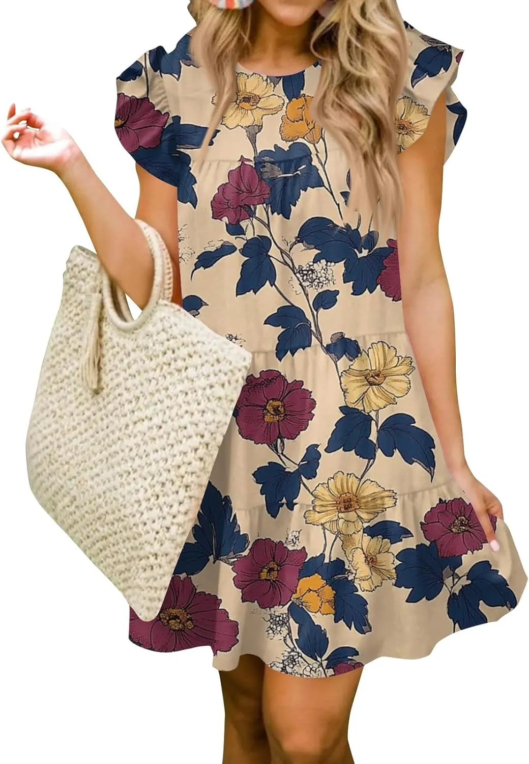 Women Babydoll Summer Casual Crew Neck Ruffle Sleeve Sleeveless Flowy Mini Short Tunic Dress Floral Print Pleated Dress3-Khaki,Medium
