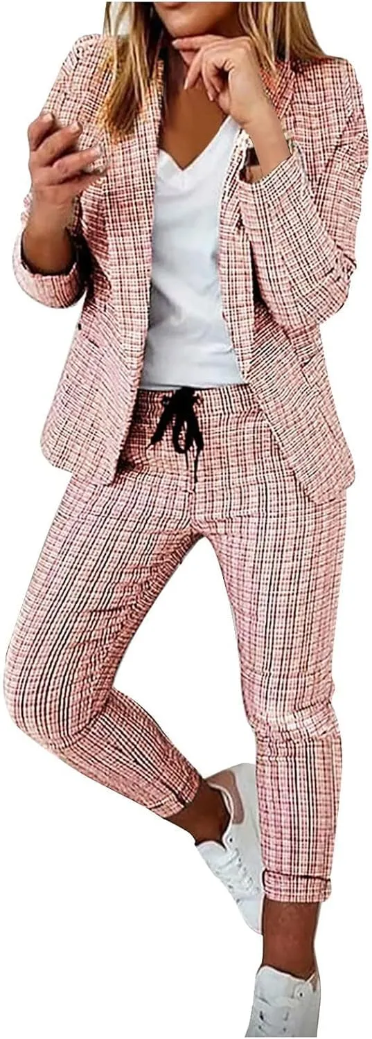 Women Blazer Set 2 Piece Outfits,Plaid Print Long Sleeve Blazer with Drawstring Pants Solid Business Casual Suit Set