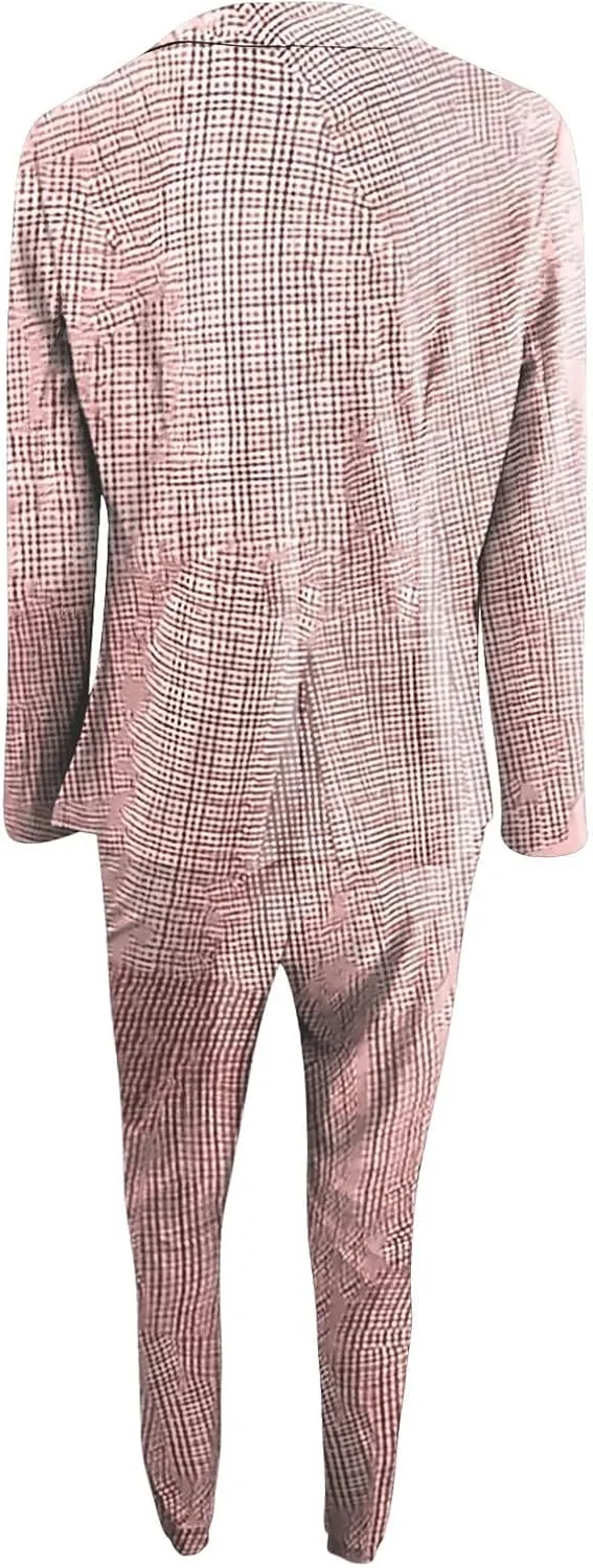 Women Blazer Set 2 Piece Outfits,Plaid Print Long Sleeve Blazer with Drawstring Pants Solid Business Casual Suit Set