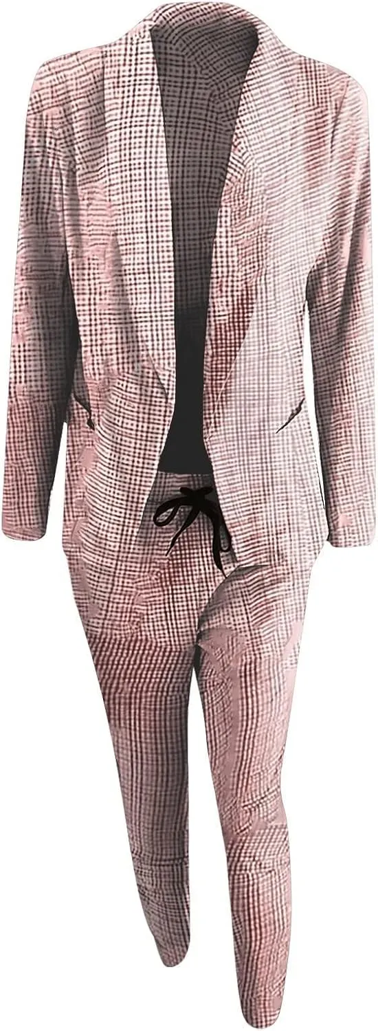 Women Blazer Set 2 Piece Outfits,Plaid Print Long Sleeve Blazer with Drawstring Pants Solid Business Casual Suit Set