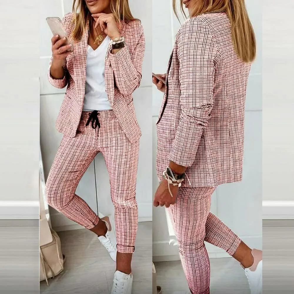 Women Blazer Set 2 Piece Outfits,Plaid Print Long Sleeve Blazer with Drawstring Pants Solid Business Casual Suit Set