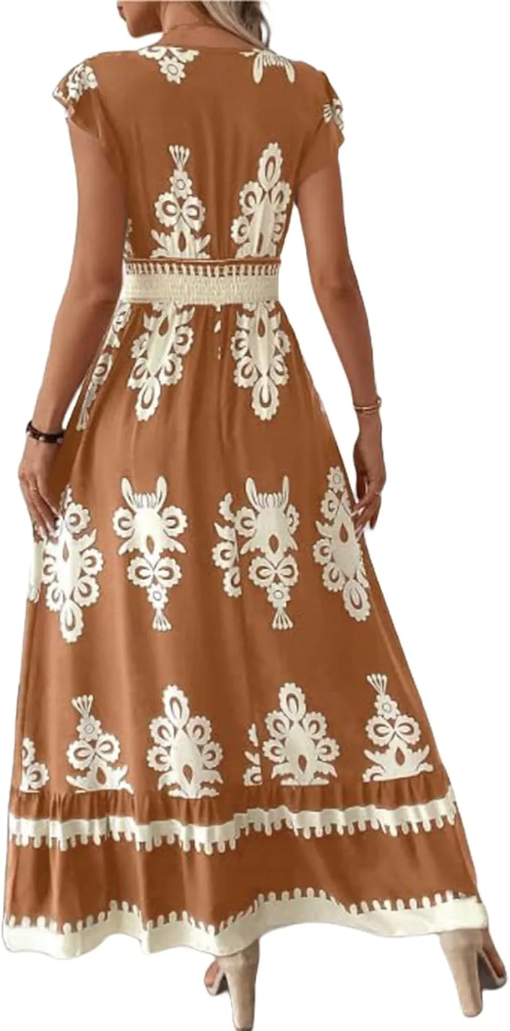 Women Boho Dress Summer Floral Print V Neck Cap Sleeve Maxi Dress Casual Tunic Color Block Ruffle Hem Beach Sundress