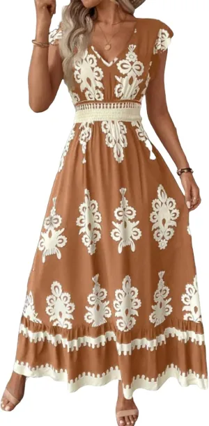 Women Boho Dress Summer Floral Print V Neck Cap Sleeve Maxi Dress Casual Tunic Color Block Ruffle Hem Beach Sundress