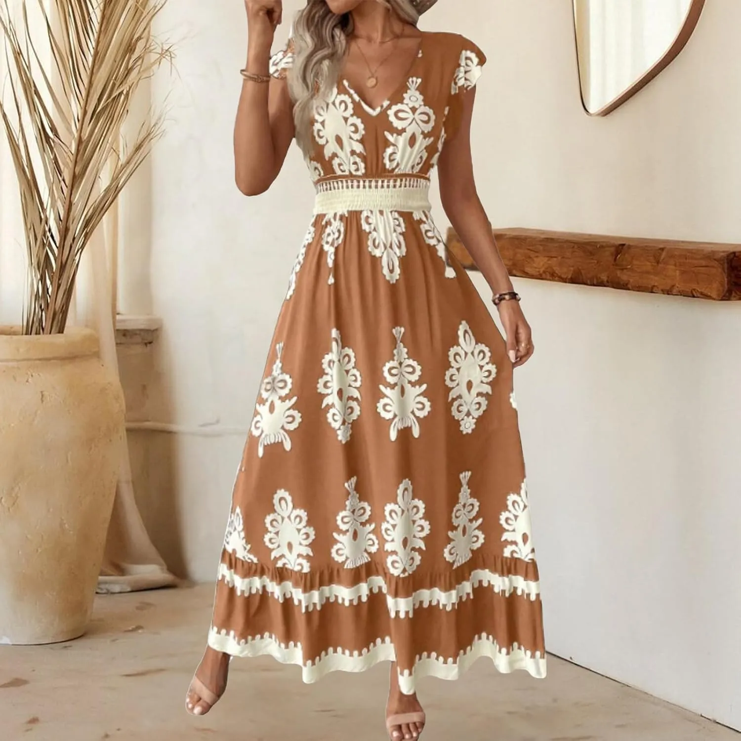 Women Boho Dress Summer Floral Print V Neck Cap Sleeve Maxi Dress Casual Tunic Color Block Ruffle Hem Beach Sundress