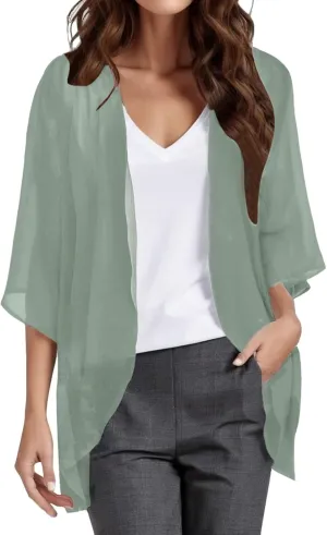 Women Chiffon Kimono Cardigan,Dressy 3/4 Sleeve Chiffon Open Front Lightweight Summer Blouse Tops,Sheer Beach Cover Up