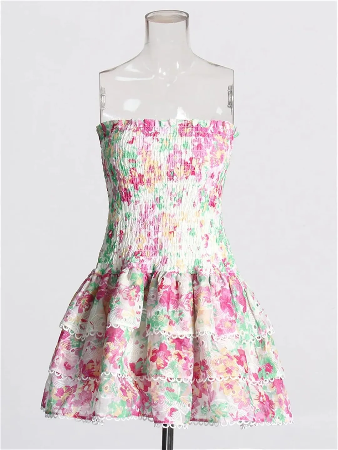 Women Colorblock Printing Mini Dress Strapless Sleeveless High Waist Spliced Folds Slimming Dresses