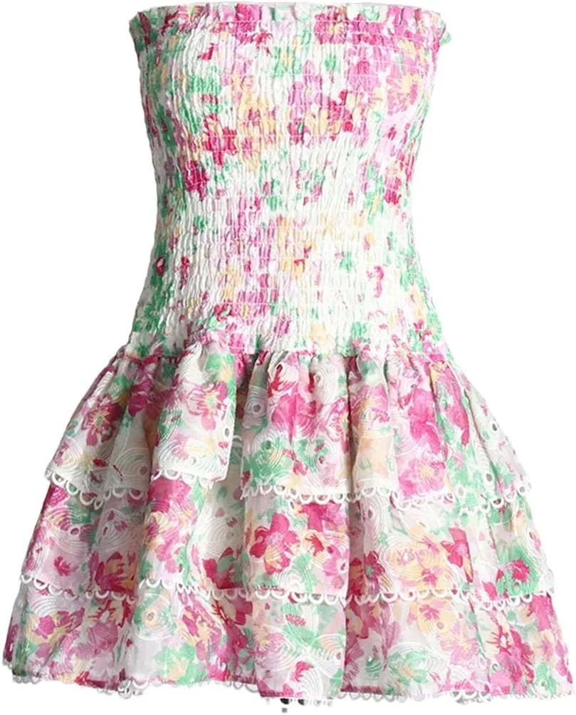 Women Colorblock Printing Mini Dress Strapless Sleeveless High Waist Spliced Folds Slimming Dresses