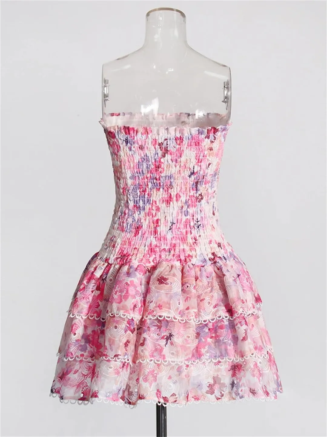 Women Colorblock Printing Mini Dress Strapless Sleeveless High Waist Spliced Folds Slimming Dresses