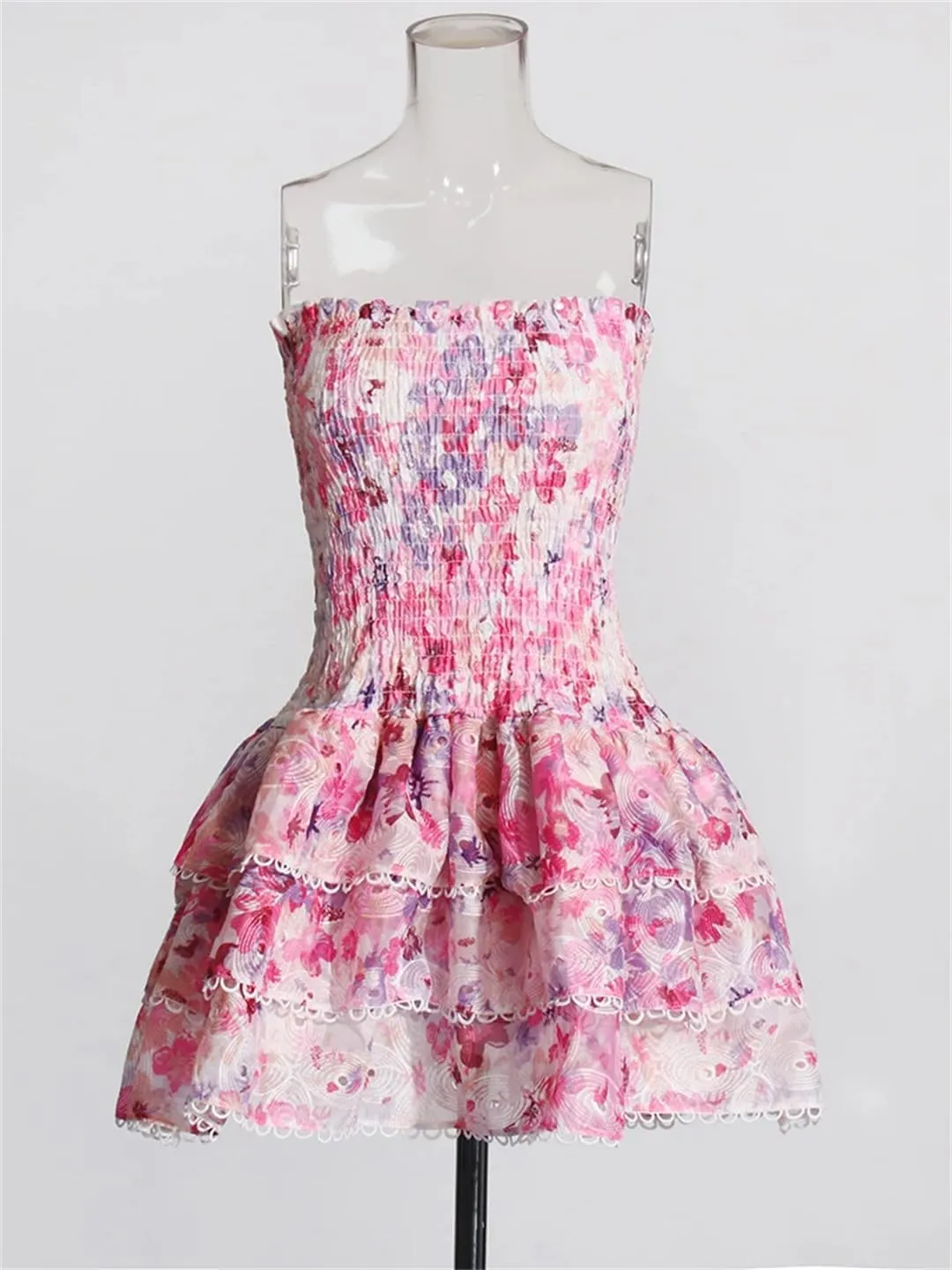 Women Colorblock Printing Mini Dress Strapless Sleeveless High Waist Spliced Folds Slimming Dresses