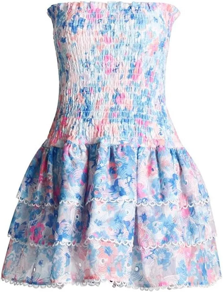 Women Colorblock Printing Mini Dress Strapless Sleeveless High Waist Spliced Folds Slimming Dresses