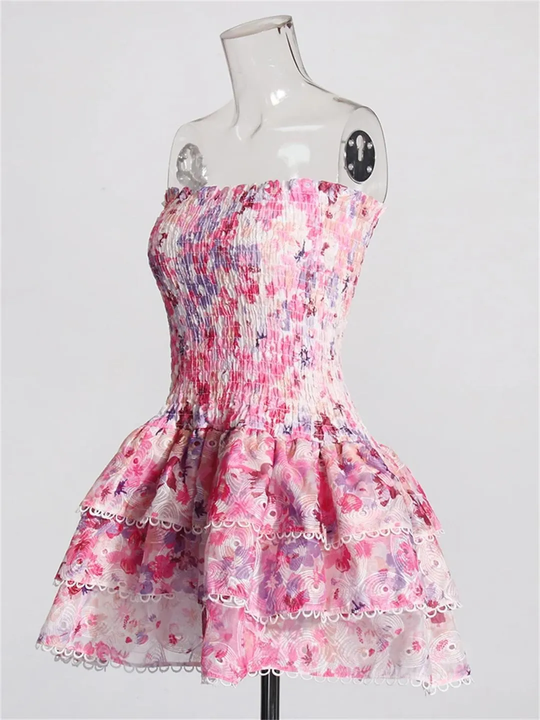 Women Colorblock Printing Mini Dress Strapless Sleeveless High Waist Spliced Folds Slimming Dresses