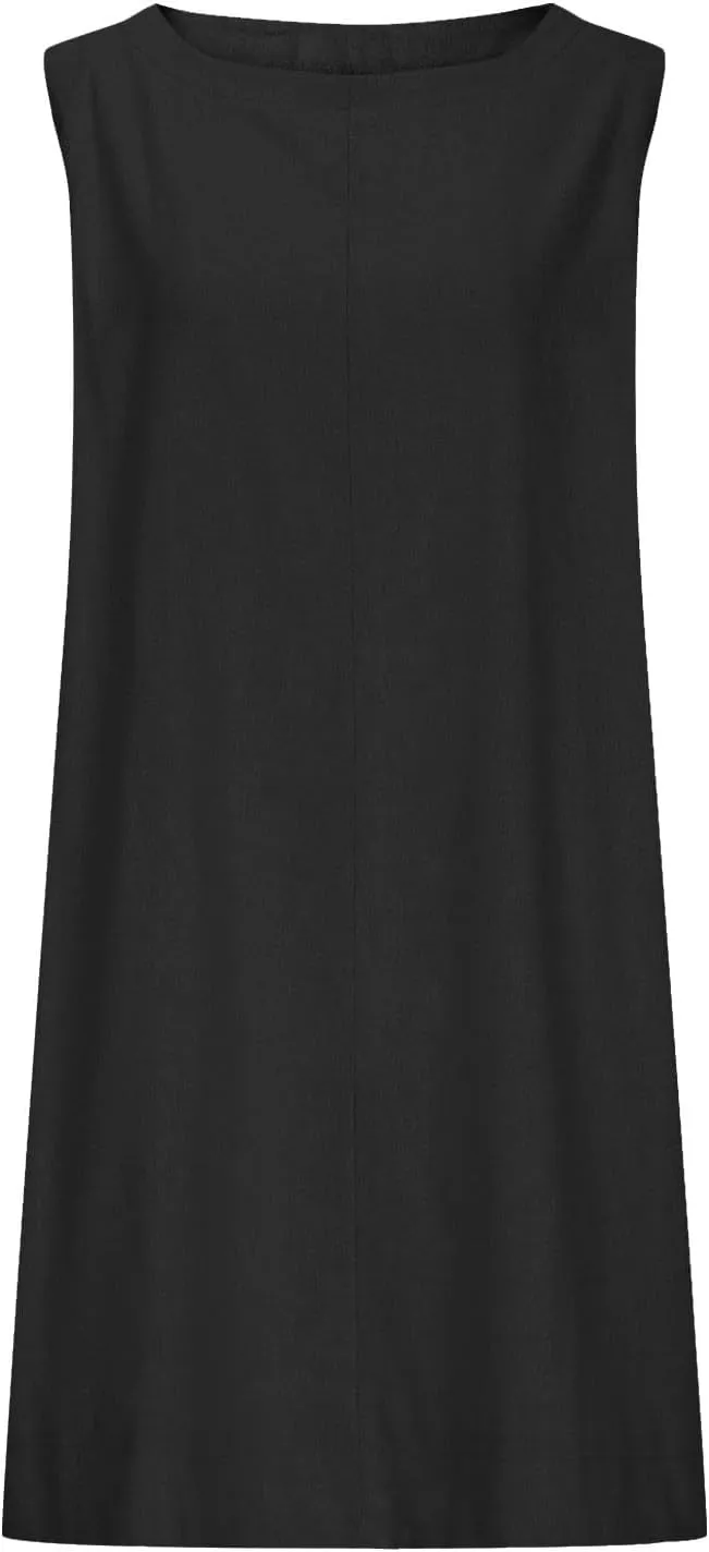 Women Cotton Linen Sleeveless Tank Dress Loose Crew Neck Knee Length Dress Summer Solid Color Casual Midi Dresses