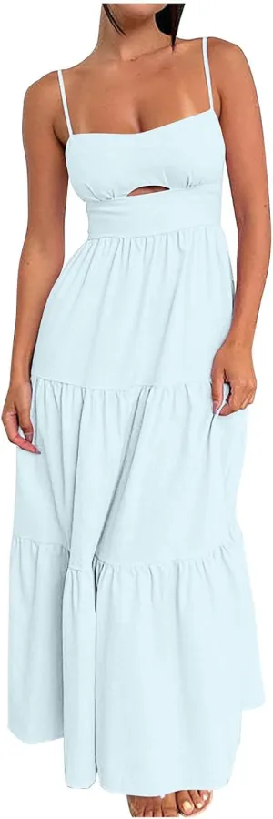 Women Dresses 2024 Summer Spaghetti Straps Sleeveless Hollow Out Sundress Flowy Smocked Lace Swing A Line Midi Dress