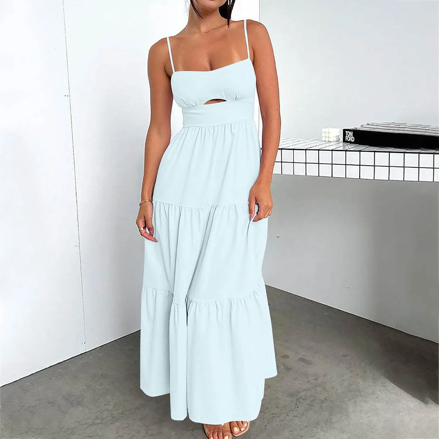 Women Dresses 2024 Summer Spaghetti Straps Sleeveless Hollow Out Sundress Flowy Smocked Lace Swing A Line Midi Dress