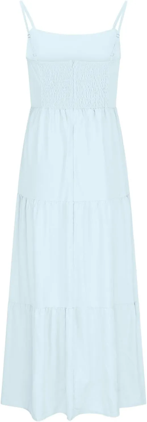 Women Dresses 2024 Summer Spaghetti Straps Sleeveless Hollow Out Sundress Flowy Smocked Lace Swing A Line Midi Dress