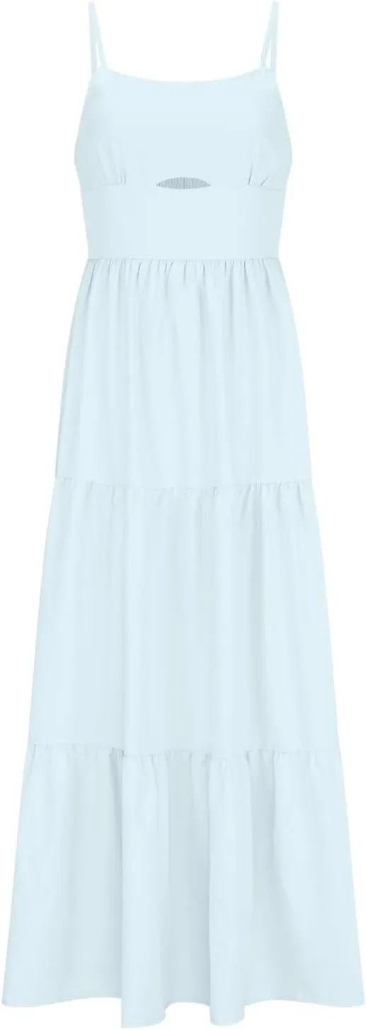 Women Dresses 2024 Summer Spaghetti Straps Sleeveless Hollow Out Sundress Flowy Smocked Lace Swing A Line Midi Dress