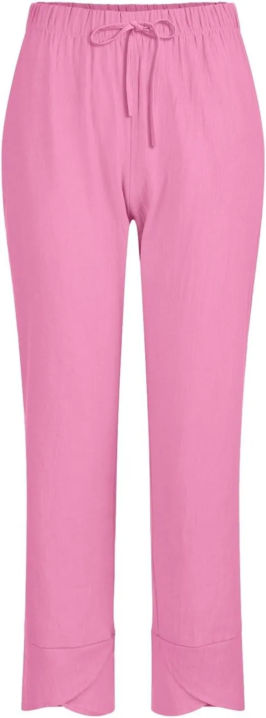 Women Linen Pants 2025 Summer Casual Capri Pants Plus Size Lightweight High Waist Baggy Palazzo Trousers with Pockets