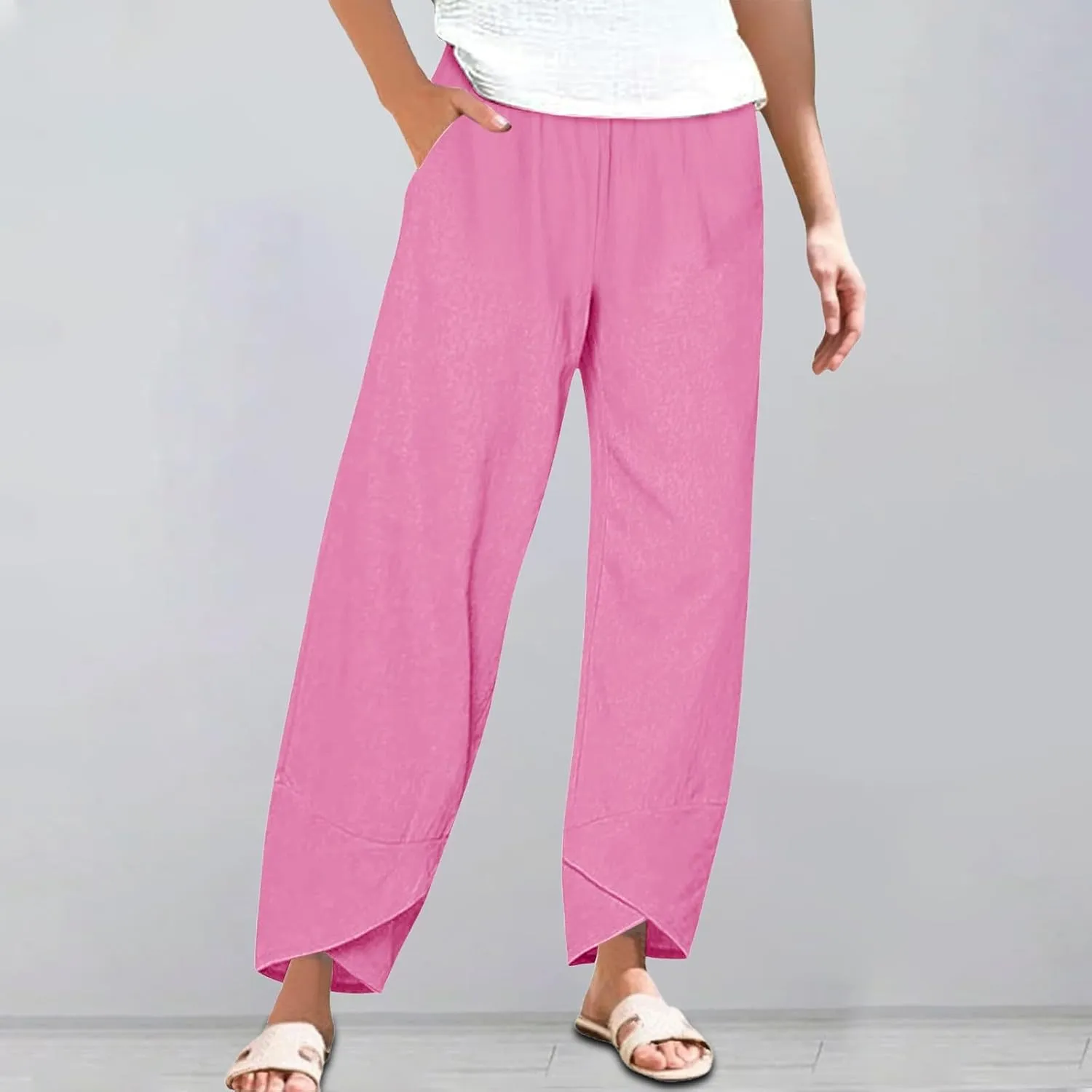 Women Linen Pants 2025 Summer Casual Capri Pants Plus Size Lightweight High Waist Baggy Palazzo Trousers with Pockets