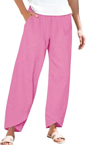 Women Linen Pants 2025 Summer Casual Capri Pants Plus Size Lightweight High Waist Baggy Palazzo Trousers with Pockets