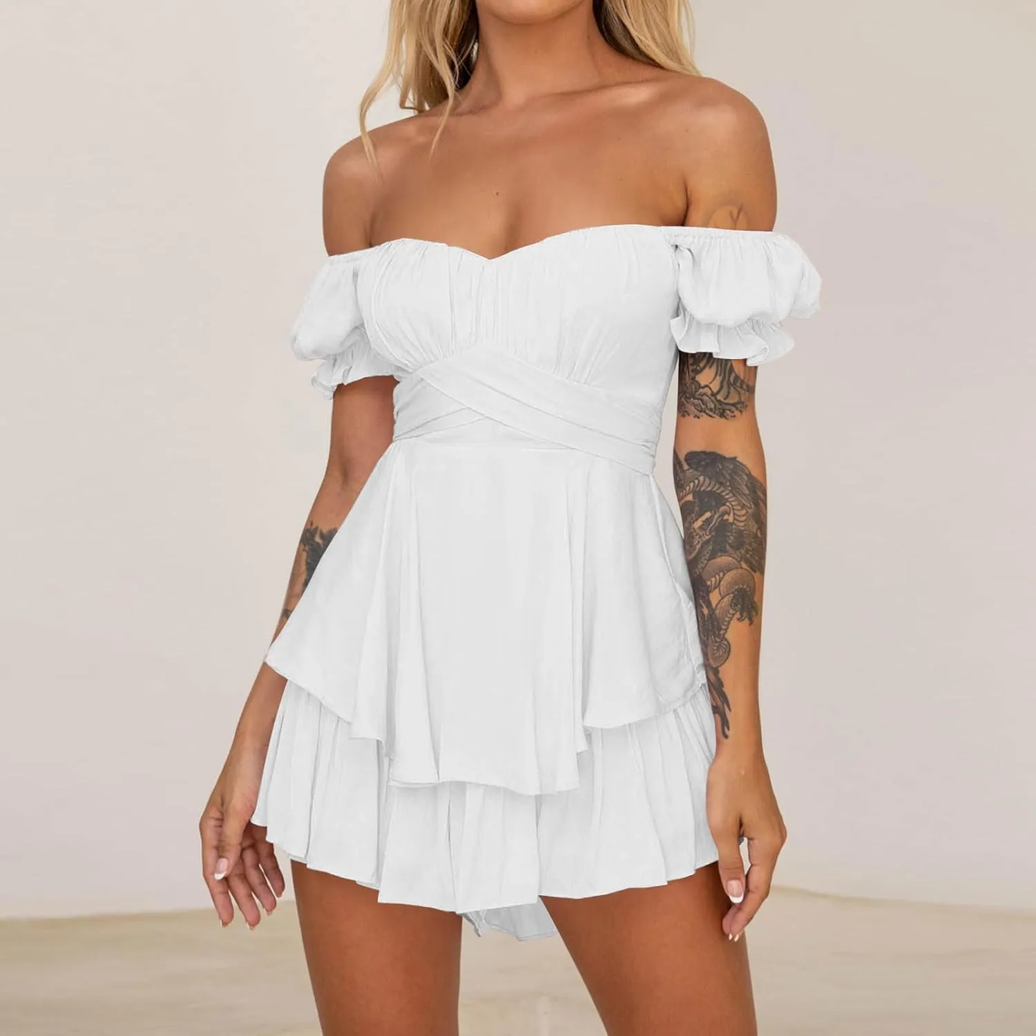 Women Off The Shoulder Mini Dresses Sexy Strapless Ruffle Hem Flowy Sundress Hawaiian Beach Vacation Dresses Fairy Dresses