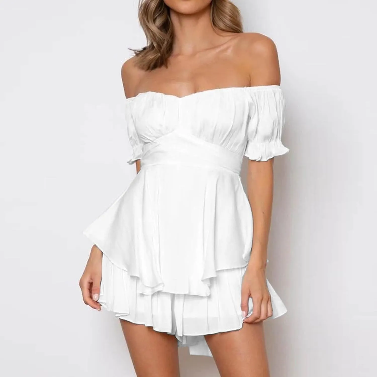 Women Off The Shoulder Mini Dresses Sexy Strapless Ruffle Hem Flowy Sundress Hawaiian Beach Vacation Dresses Fairy Dresses