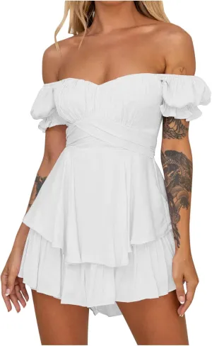 Women Off The Shoulder Mini Dresses Sexy Strapless Ruffle Hem Flowy Sundress Hawaiian Beach Vacation Dresses Fairy Dresses