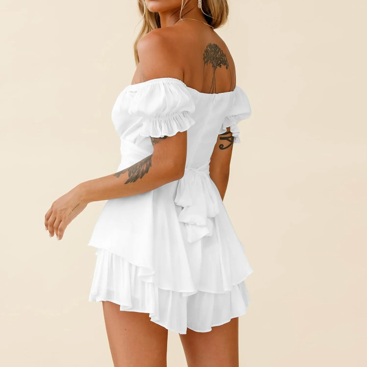 Women Off The Shoulder Mini Dresses Sexy Strapless Ruffle Hem Flowy Sundress Hawaiian Beach Vacation Dresses Fairy Dresses