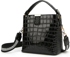 Women Patent Leather Handbag Stylish Crocodile Print Satchel Bucket Bag Ladies Party Evening Crossbody Shoulder Bagsbag1479OWOISS