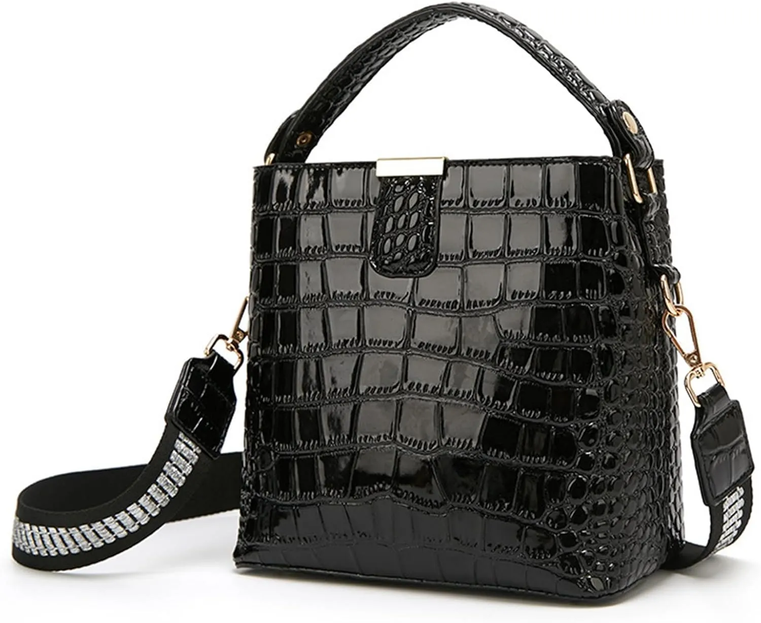 Women Patent Leather Handbag Stylish Crocodile Print Satchel Bucket Bag Ladies Party Evening Crossbody Shoulder Bagsbag1479OWOISS