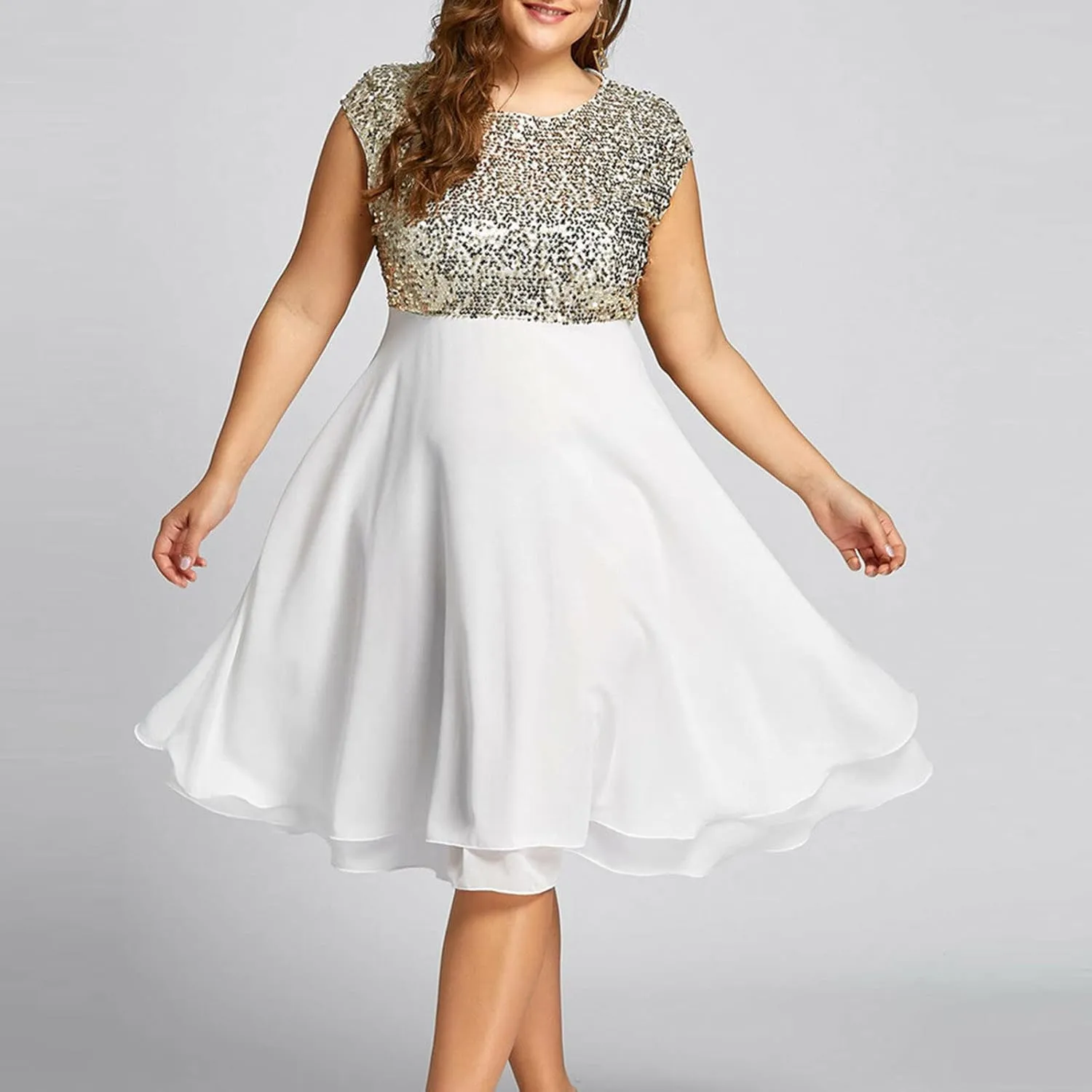 Women Plus Size Evening Gown Round Neck Chiffon Sequin Zipper A-Line Midi Sleeveless Tank Party Sundresses