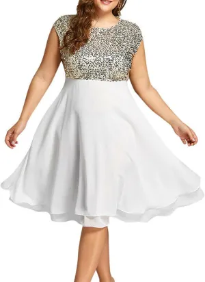 Women Plus Size Evening Gown Round Neck Chiffon Sequin Zipper A-Line Midi Sleeveless Tank Party Sundresses