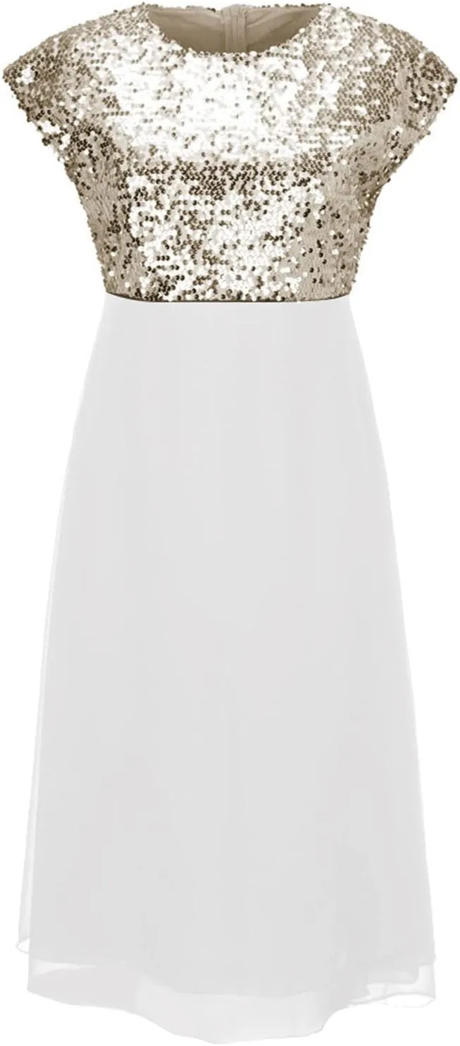 Women Plus Size Evening Gown Round Neck Chiffon Sequin Zipper A-Line Midi Sleeveless Tank Party Sundresses