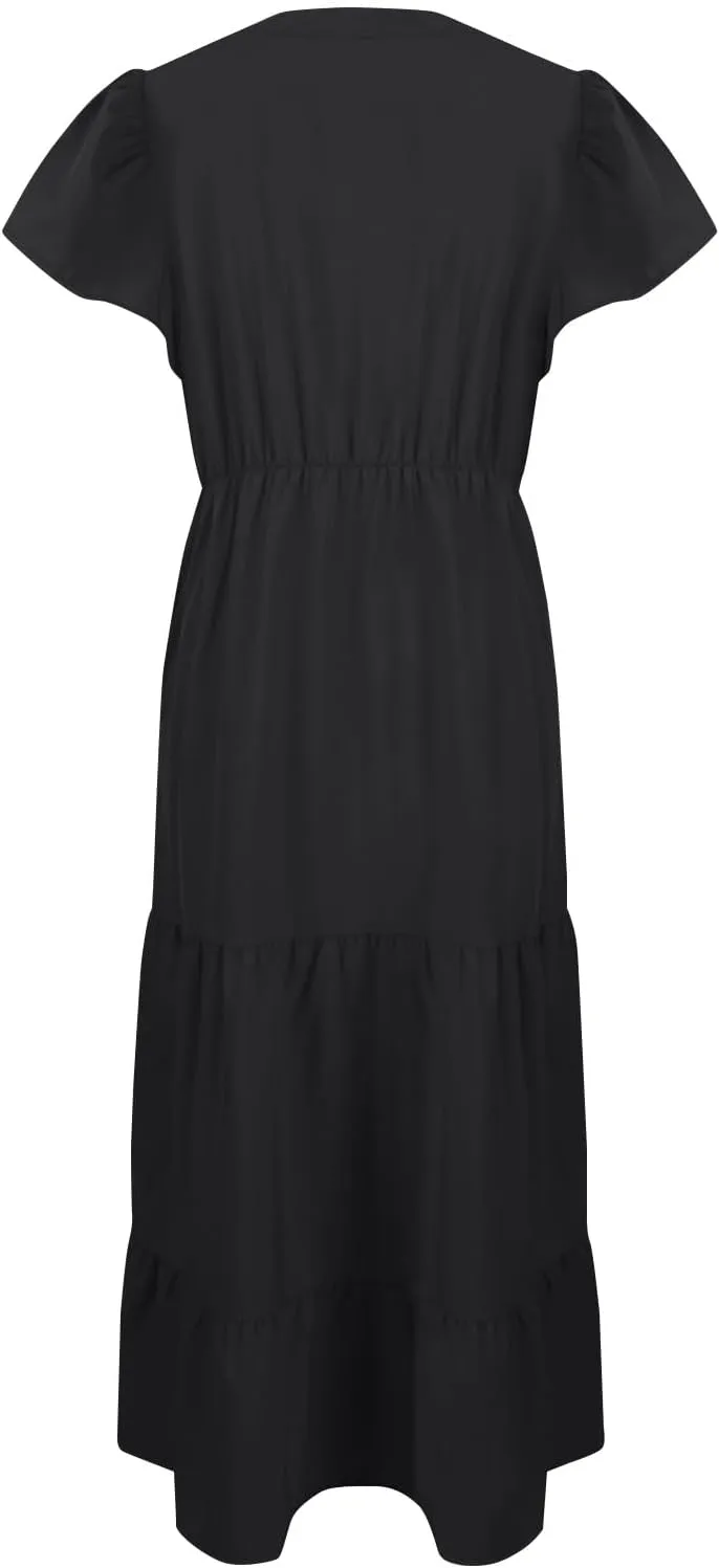 Women Plus Size Wedding Guest Dress V Neck Ruffle Short Sleeve Pleated Boho Elastic High Waist Midi A Line Dresses