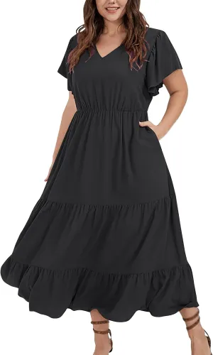 Women Plus Size Wedding Guest Dress V Neck Ruffle Short Sleeve Pleated Boho Elastic High Waist Midi A Line Dresses