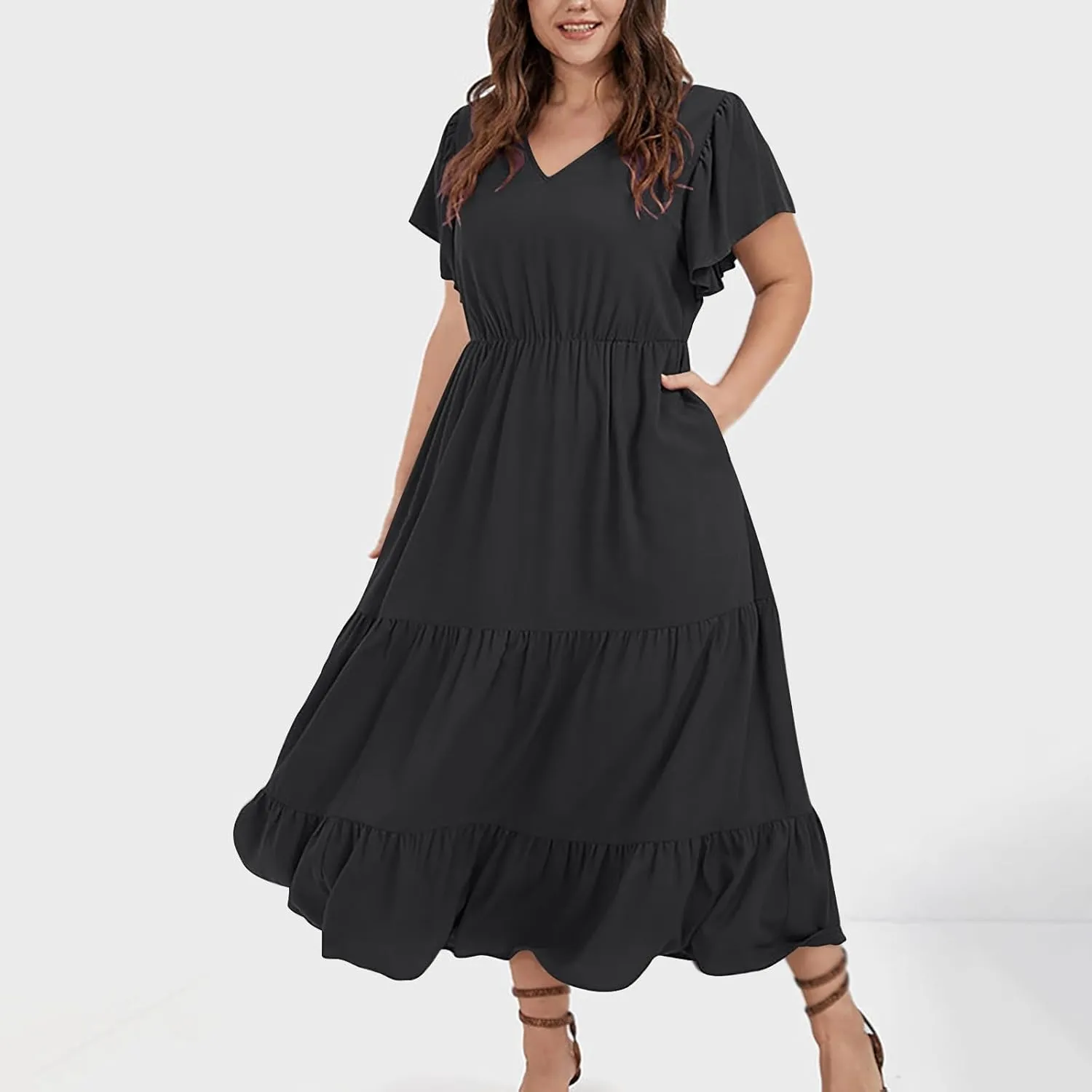 Women Plus Size Wedding Guest Dress V Neck Ruffle Short Sleeve Pleated Boho Elastic High Waist Midi A Line Dresses
