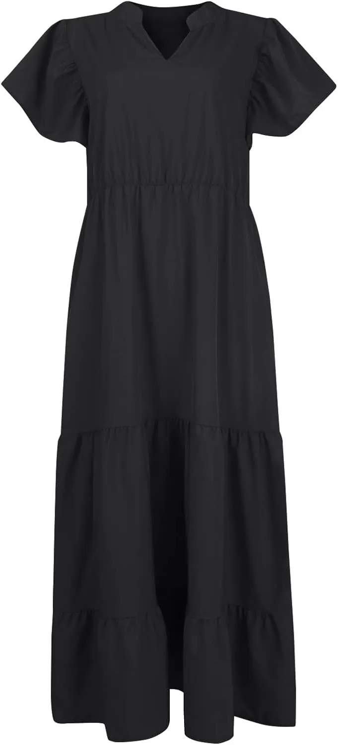 Women Plus Size Wedding Guest Dress V Neck Ruffle Short Sleeve Pleated Boho Elastic High Waist Midi A Line Dresses
