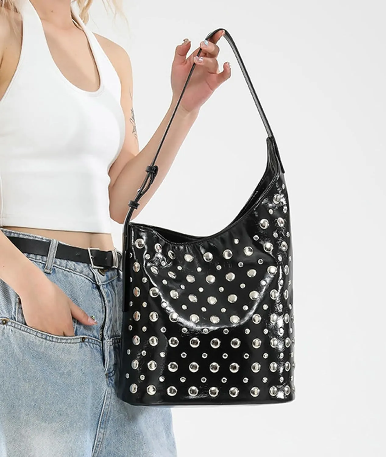 Women Punk Studded Bucket Tote Bag Shoulder Crossbody Underarm Purse Edgy Gothic Handbag Metal Accents Multiple Colors