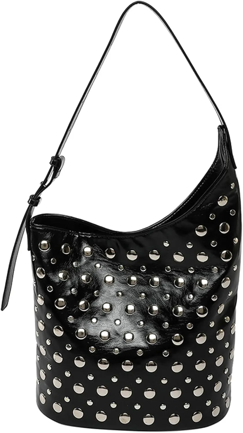Women Punk Studded Bucket Tote Bag Shoulder Crossbody Underarm Purse Edgy Gothic Handbag Metal Accents Multiple Colors