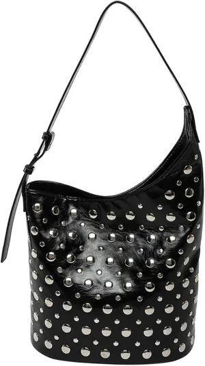 Women Punk Studded Bucket Tote Bag Shoulder Crossbody Underarm Purse Edgy Gothic Handbag Metal Accents Multiple Colors