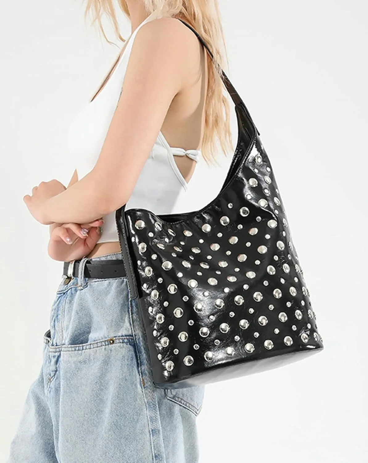 Women Punk Studded Bucket Tote Bag Shoulder Crossbody Underarm Purse Edgy Gothic Handbag Metal Accents Multiple Colors