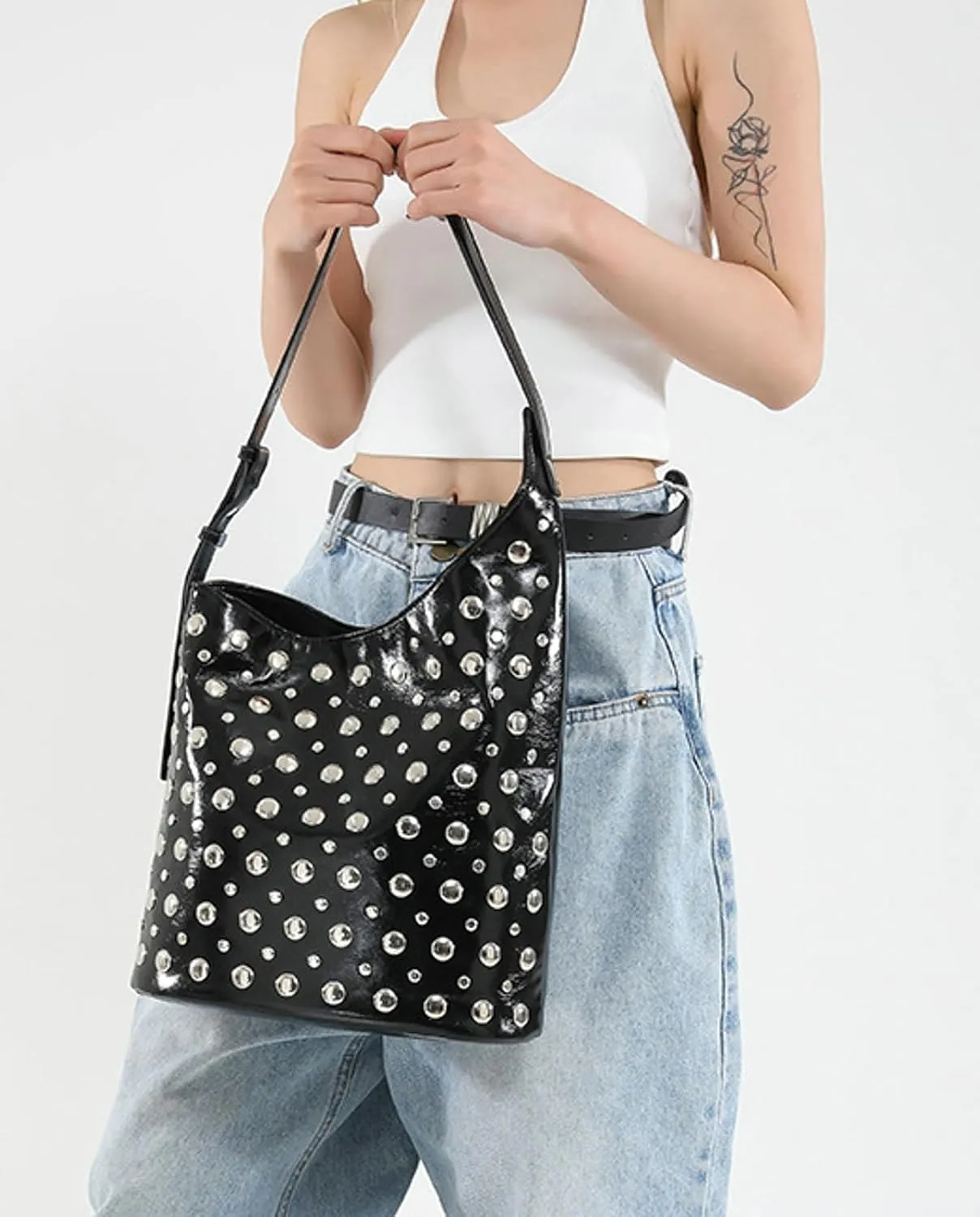 Women Punk Studded Bucket Tote Bag Shoulder Crossbody Underarm Purse Edgy Gothic Handbag Metal Accents Multiple Colors