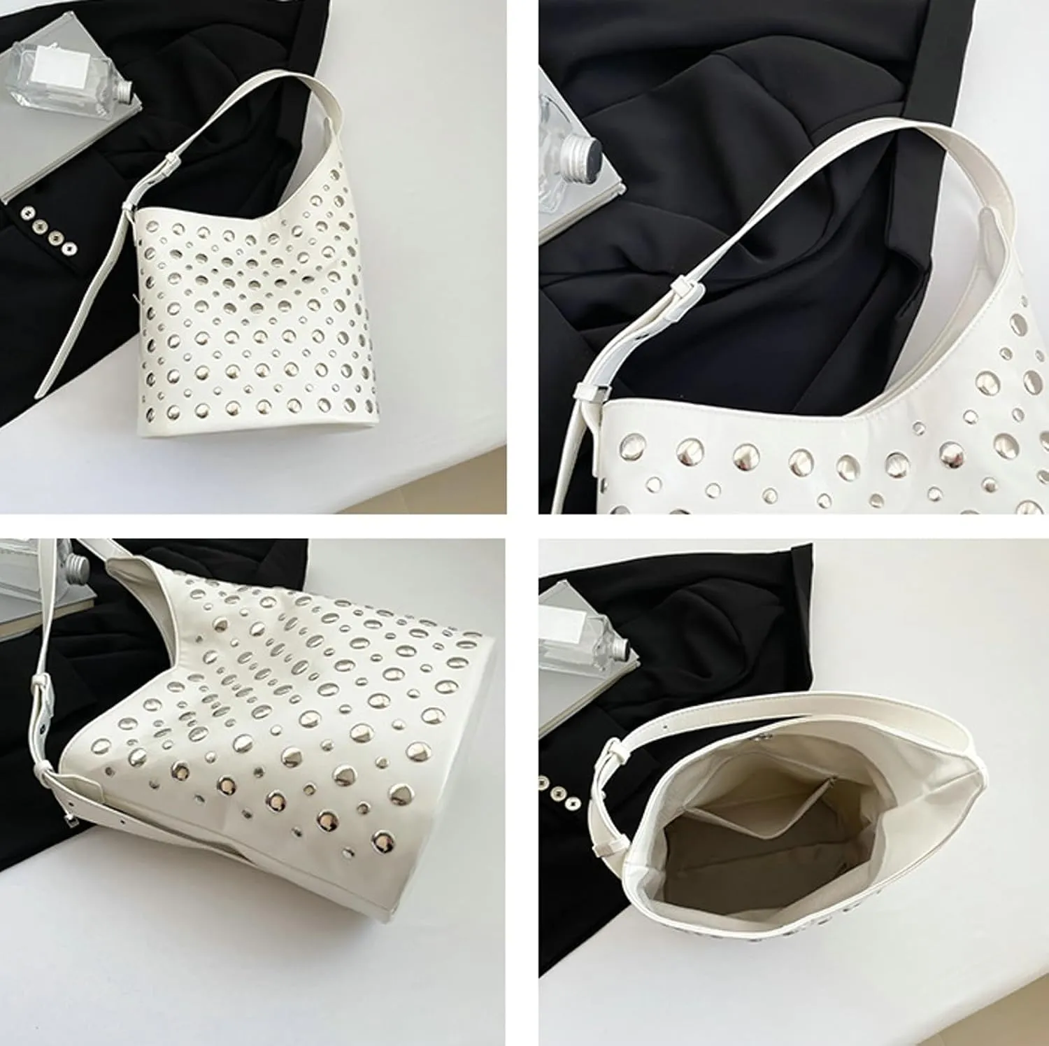Women Punk Studded Bucket Tote Bag Shoulder Crossbody Underarm Purse Edgy Gothic Handbag Metal Accents Multiple Colors