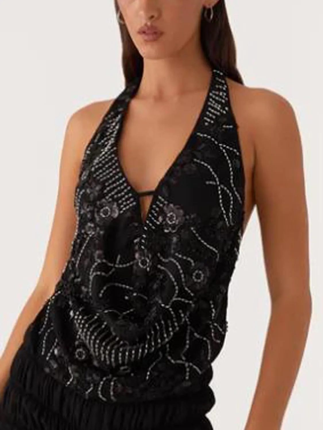 Women Sequin Halter Crop Top Low Cut Cowl Neck Backless Tank Tops Sparkle Shimmer Camisole for Club Party