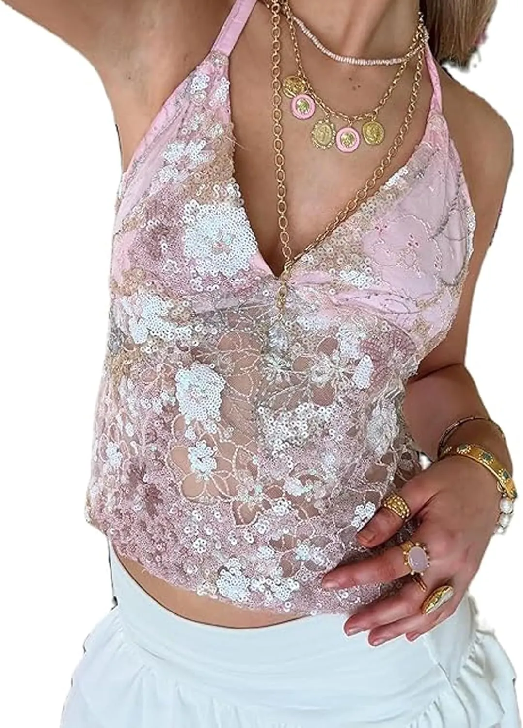 Women Sequin Halter Crop Top Low Cut Cowl Neck Backless Tank Tops Sparkle Shimmer Camisole for Club Party