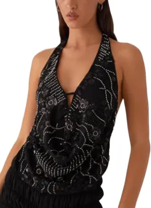 Women Sequin Halter Crop Top Low Cut Cowl Neck Backless Tank Tops Sparkle Shimmer Camisole for Club Party