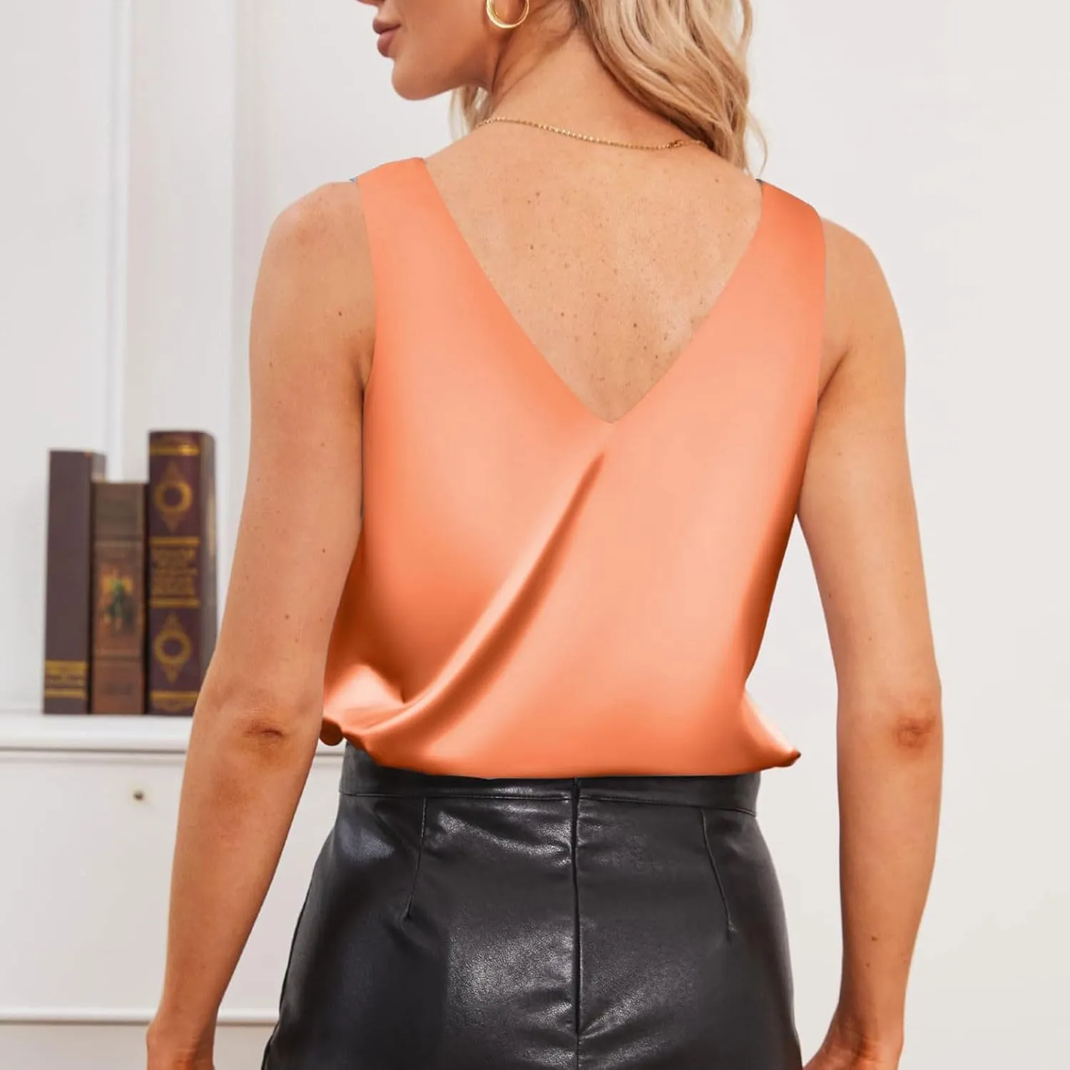 Women Silk Satin Tank Tops Sleeveless Tops Summer Basic Tank Shirt Dressy V-Neck Solid Camisole Blouses Casual Loose