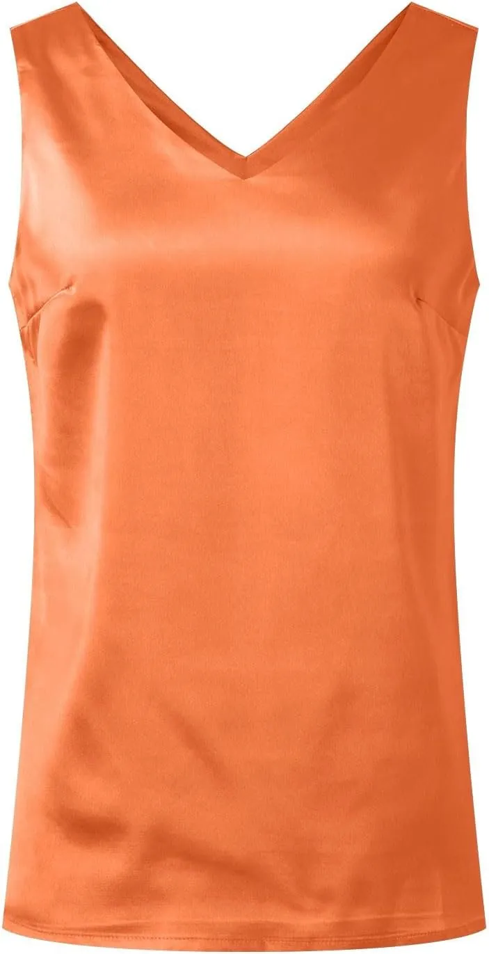 Women Silk Satin Tank Tops Sleeveless Tops Summer Basic Tank Shirt Dressy V-Neck Solid Camisole Blouses Casual Loose