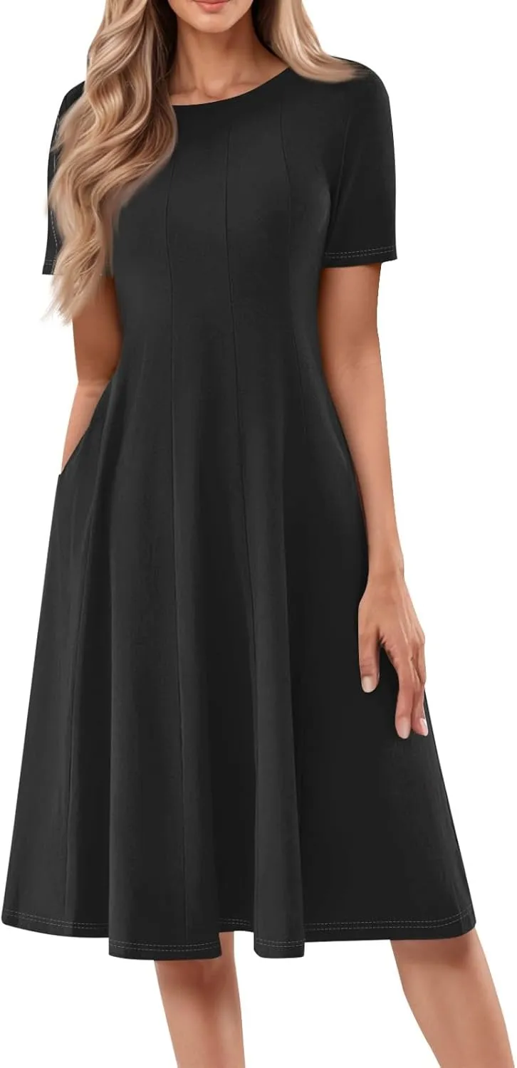 Women Summer Dress Short Sleeve Crewneck Pleated Swing Dresses Solid Color Beach Vacation Midi Sundress with Pocket