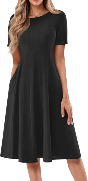 Women Summer Dress Short Sleeve Crewneck Pleated Swing Dresses Solid Color Beach Vacation Midi Sundress with Pocket